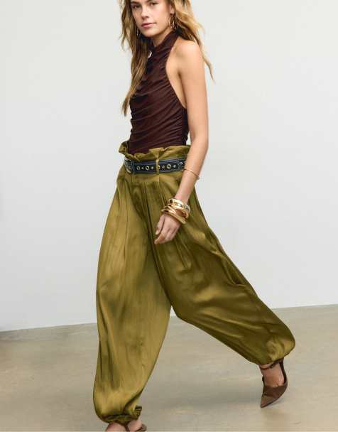Stradivarius Satin sarouel trousers with belt in olive green