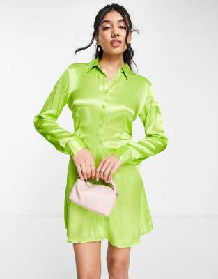 Stradivarius satin shirt mini dress in lime | ASOS