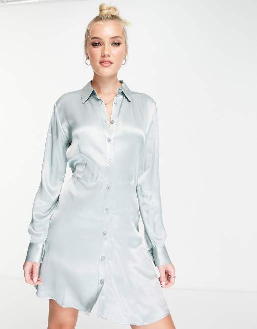 Stradivarius satin shirt mini dress in slate grey | ASOS