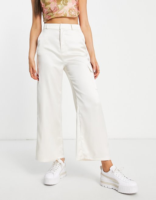 Stradivarius satin tailored cargo pants in ecru | ASOS