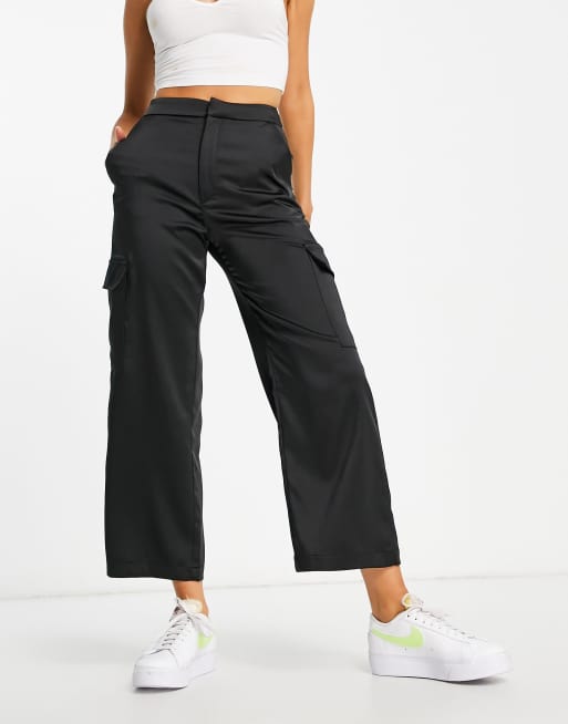 Stradivarius satin tailored cargo trouser in black ASOS