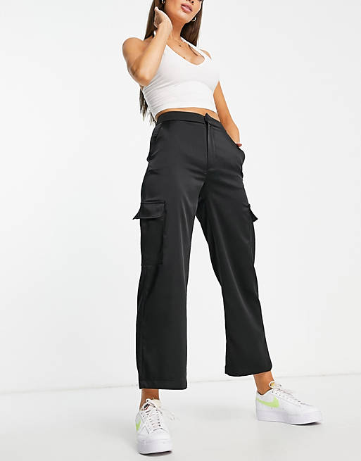 Womens Clothing Trousers Stradivarius Satin Tailored Cargo Trouser in Black Slacks and Chinos Cargo trousers 
