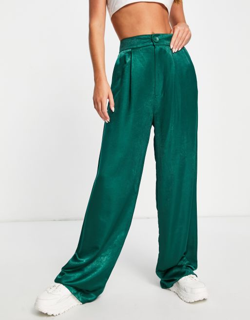 Green satin wide cheap leg trousers