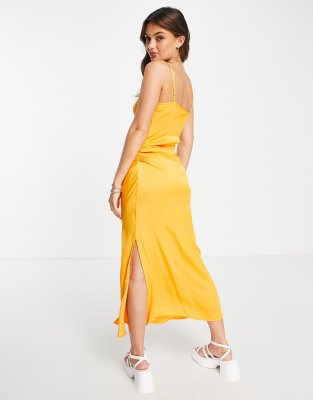 Stradivarius Satin Wrap Midi Dress In Orange