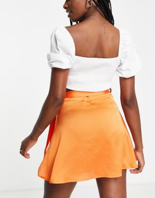 Stradivarius Satin Wrap Mini Skirt In Orange