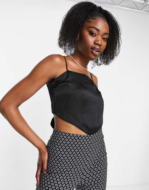 Black Satin Cami Tie Front Crop Top