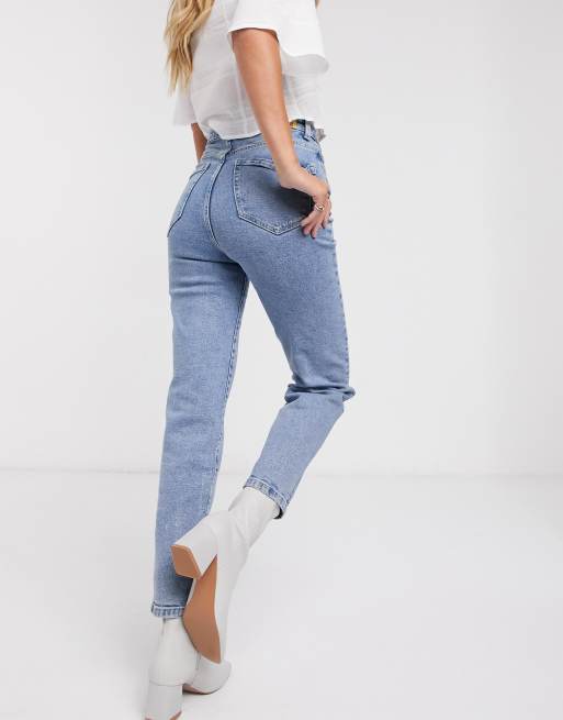 Stradivarius – Schmal geschnittene Mom-Jeans mit Stretchanteil in verwaschenem Blau, 2 von 4