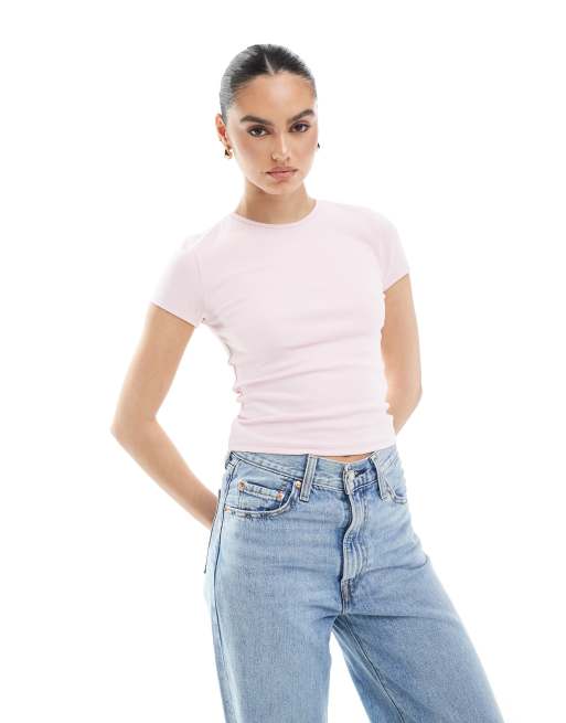 Stradivarius – Schmales, kurzärmliges T-Shirt in Rosa