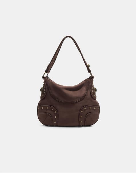 Stradivarius - Schoudertas met studs in bruin - view 1