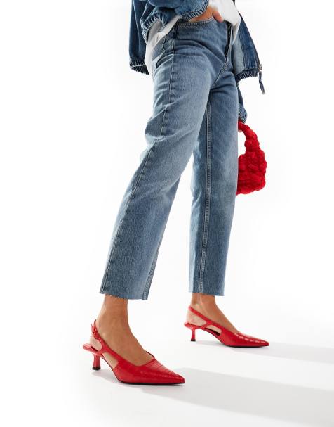 Stradivarius – Schuhe in Rot mit Krokostruktur, Fersenriemchen und Kitten-Absatz - view 1
