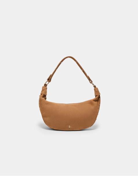 Stradivarius – Schultertasche aus 100% Leder in Beige mit Nietenbesatz - view 1