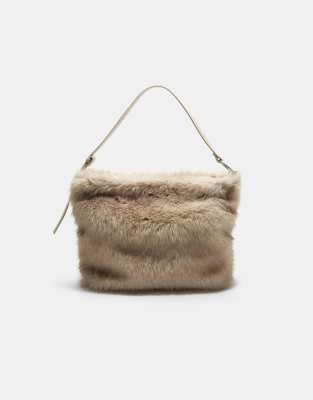 Stradivarius - Schultertasche aus Kunstpelz in Ecru-Weiß