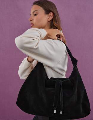 Stradivarius - Schultertasche aus Wildleder in Schwarz mit Zierknoten