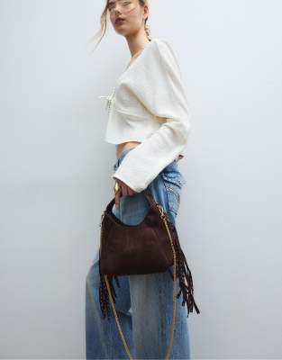 Stradivarius - Schultertasche in Braun mit seitlichen Fransen-Brown