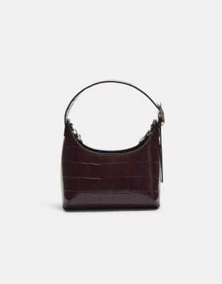 Stradivarius - Schultertasche in Kroko-Burgunderrot mit Schnallendetail