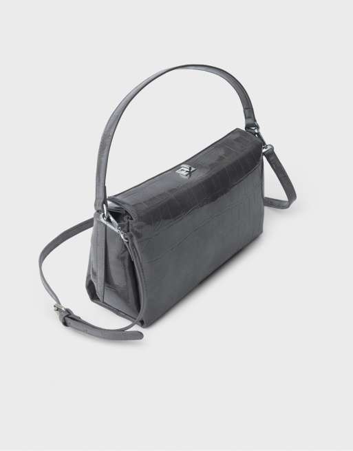Stradivarius Schultertasche in Kroko-Optik in Dunkelgrau, 3 von 4