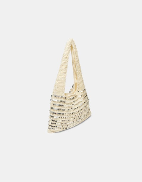 Stradivarius – Schultertasche mit Paillettenbesatz in Ecru - view 1