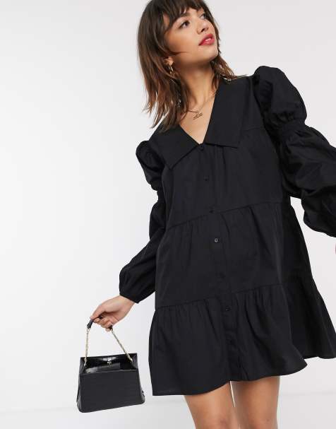 Stradivarius – Schwarzes Hängerkleid aus Popeline mit großem Kragen