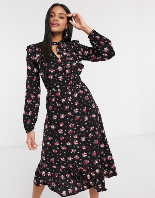 Stradivarius – Schwarzes Midikleid mit Bindeband am Hals