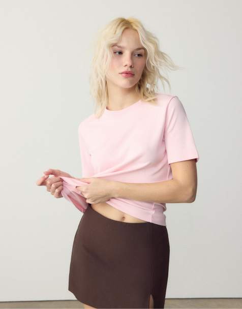 Stradivarius – Schweres Basic-T-Shirt in Lachsrosa mit regulärer Passform - view 1