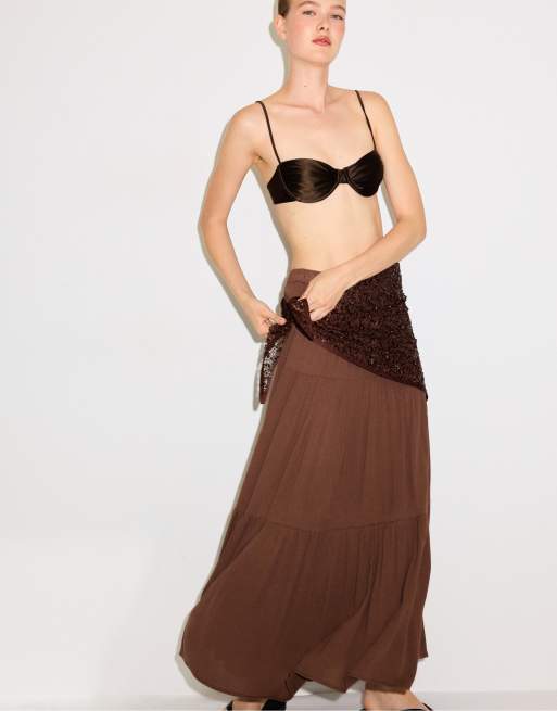 Stradivarius - Sciarpa a rete marrone con paillettes, 2 di 4