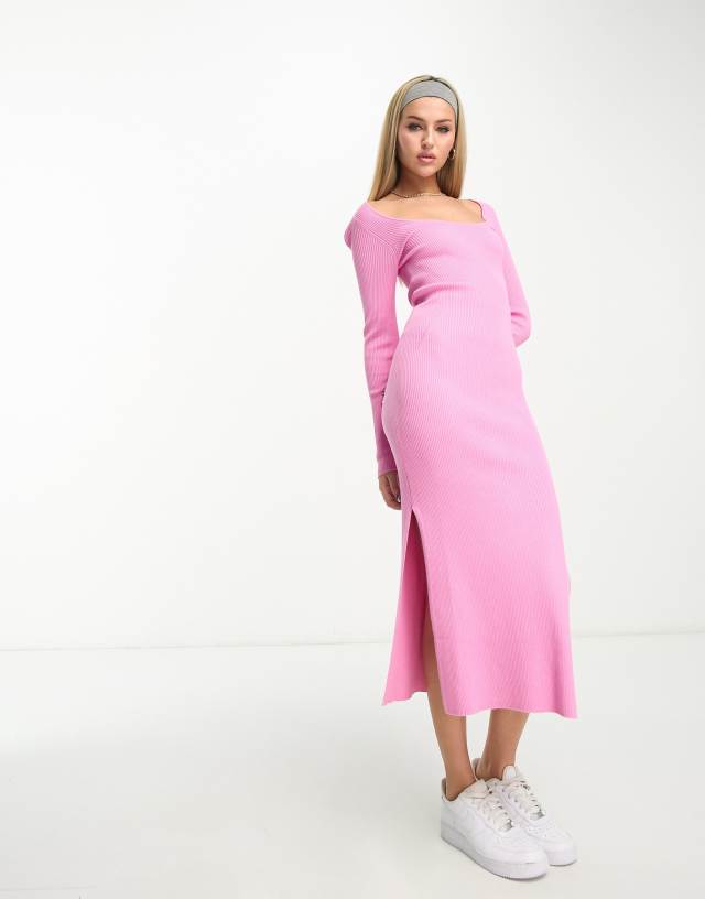 Stradivarius scoop neck jersey premium ribbed midi dress in baby pink