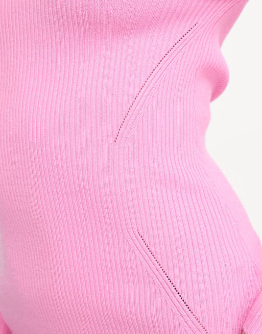 Stradivarius scoop neck jersey premium ribbed midi dress in baby pink, 2 of 4
