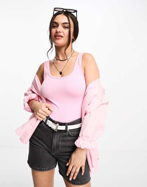 Stradivarius scoop neck ribbed bodysuit in pink