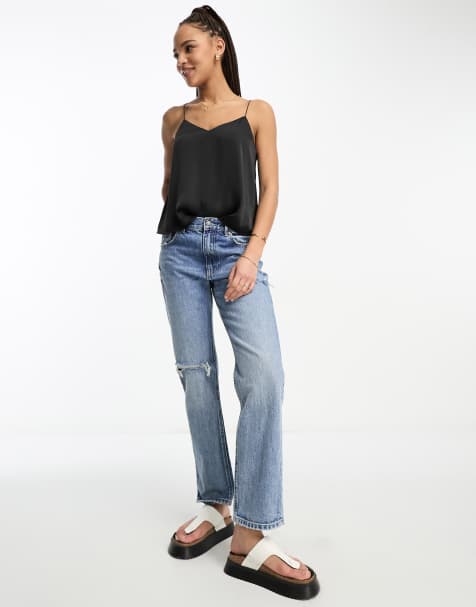 Stradivarius scoop neck satin cami in black - view 1