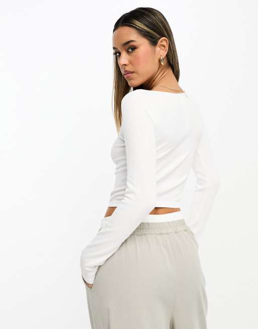 Stradivarius scoop neck seamless rib top in white