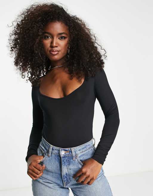 Stradivarius seamless bodysuit with open back in black, ASOS