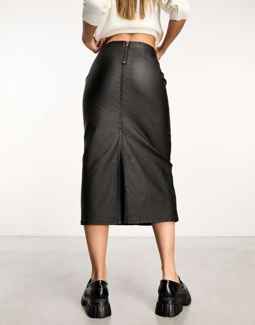 Pull&Bear faux leather split front midi skirt in black