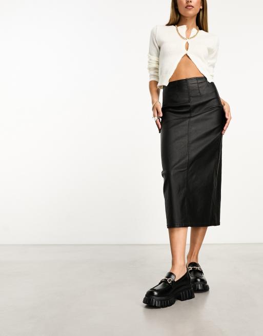 Pull&Bear faux leather split front midi skirt in black