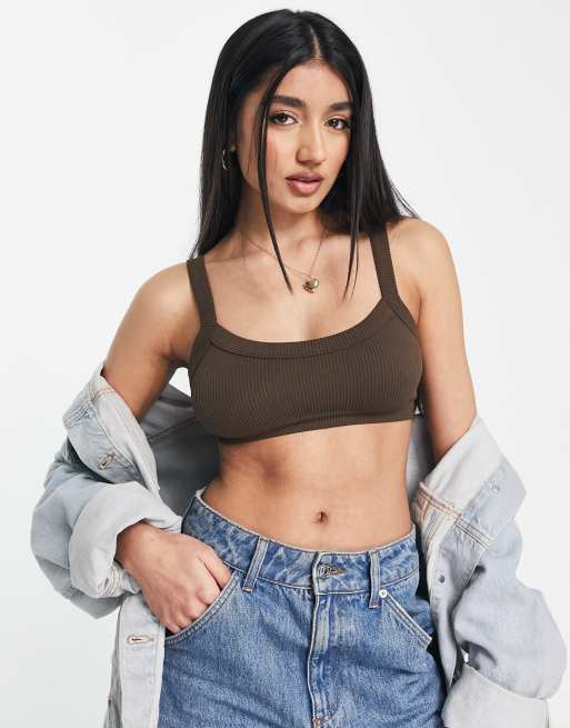 Stradivarius Brown Ribbed Bralette Croptop Seamless Women's UK Size S