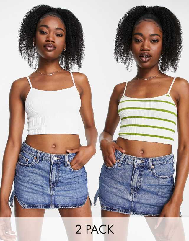 Stradivarius seamless cropped top 2 pack in stripe & white