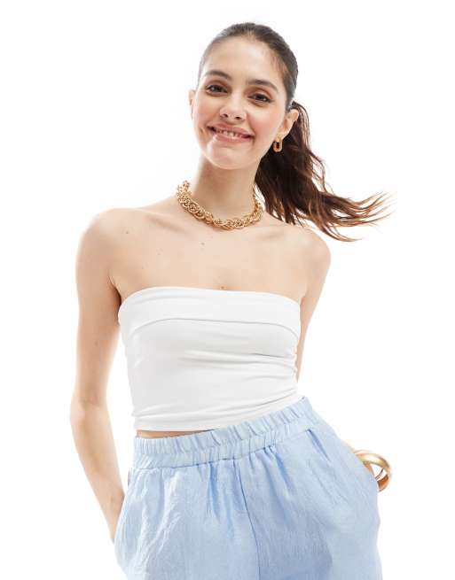 Stradivarius seamless fold over bandeau top in white