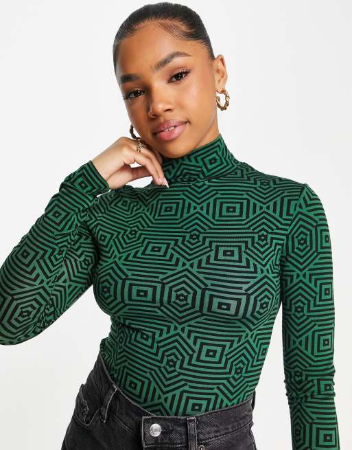 Stradivarius seamless high neck top in green geo print