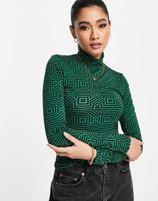 Stradivarius seamless high neck top in green geo print