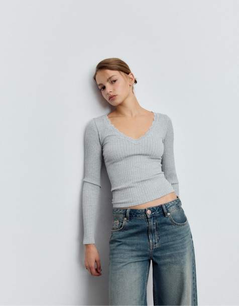 Stradivarius Seamless lace top in grey melange - view 1