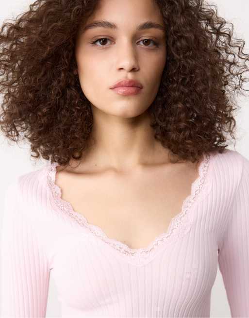 Stradivarius Seamless lace top in salmon pink, 2 of 4