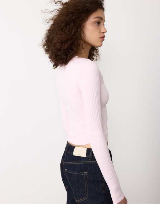 Stradivarius Seamless lace top in salmon pink, 3 of 4