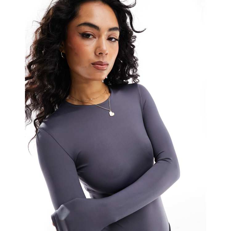 Stradivarius seamless long sleeve bodysuit in charcoal