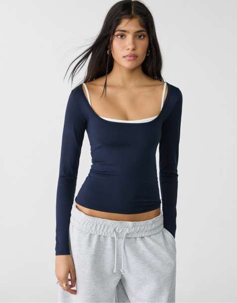 Stradivarius Seamless long-sleeved t-shirt in navy blue - view 1
