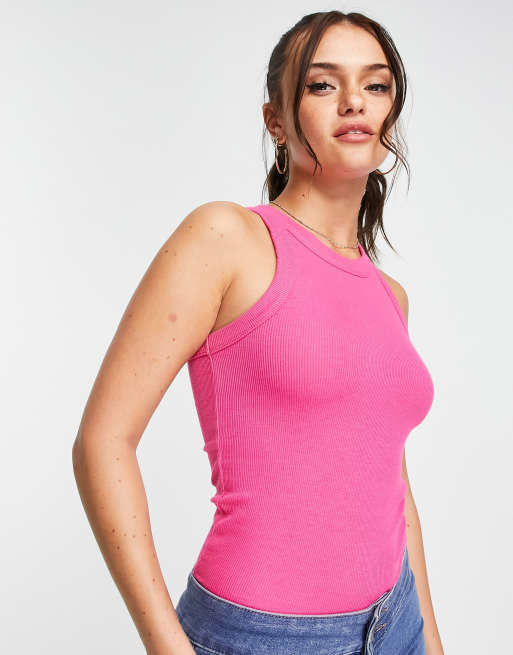 Stradivarius seamless rib cami top with pique trim in pink