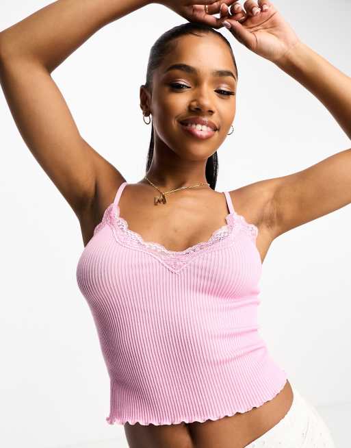 Stradivarius seamless rib cami top with pique trim in pink