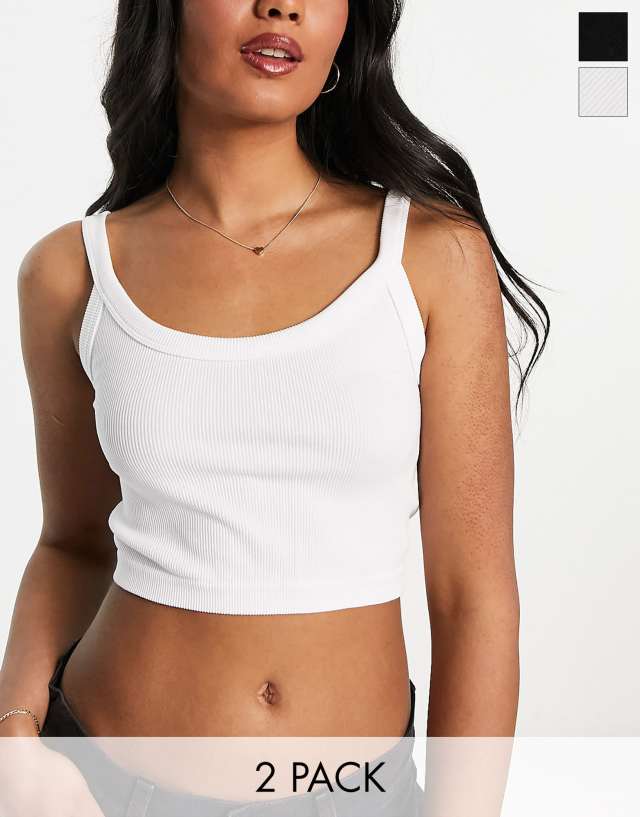 Stradivarius seamless rib crop top in black & white 2 pack