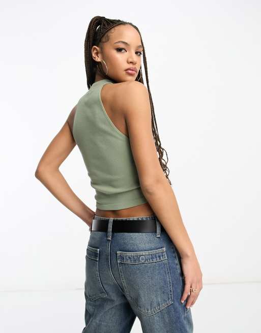 Stradivarius seamless rib high neck tank top in khaki