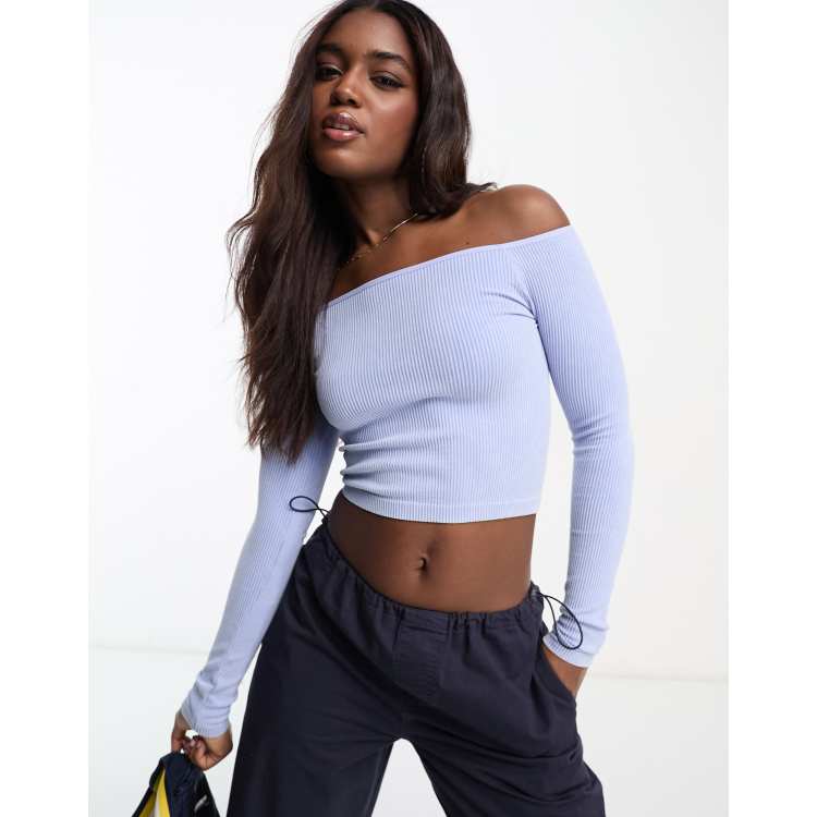 Stradivarius seamless rib off shoulder top in powder blue ASOS