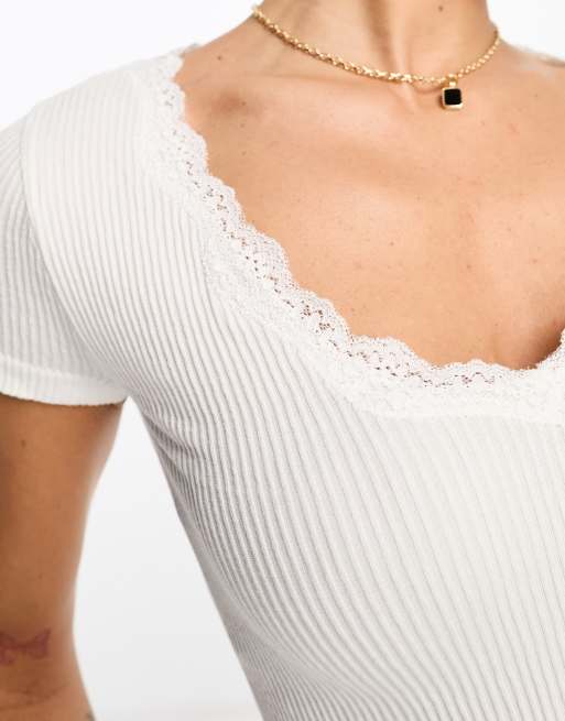 Stradivarius seamless rib v neck tee with lace trim in white