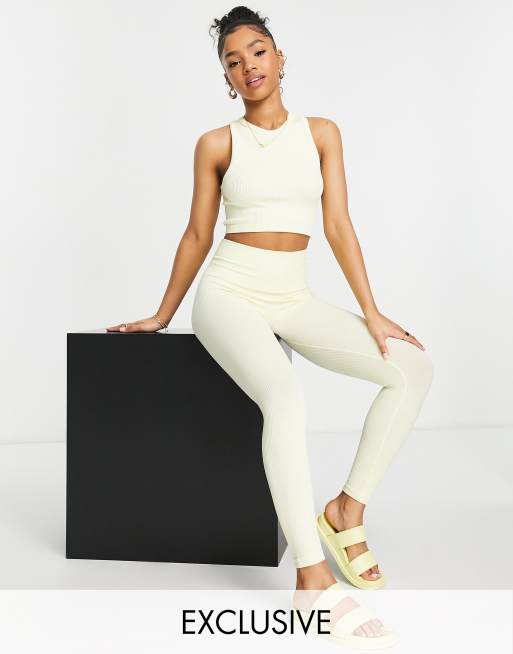 Stradivarius seamless ribbed leggings co-ord in lemon